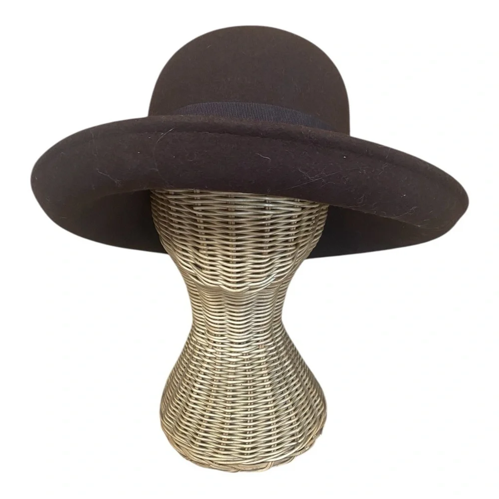 Vintage Womens Brown Large Roll Rim Hat One Size With Bow 100% Wool Felt